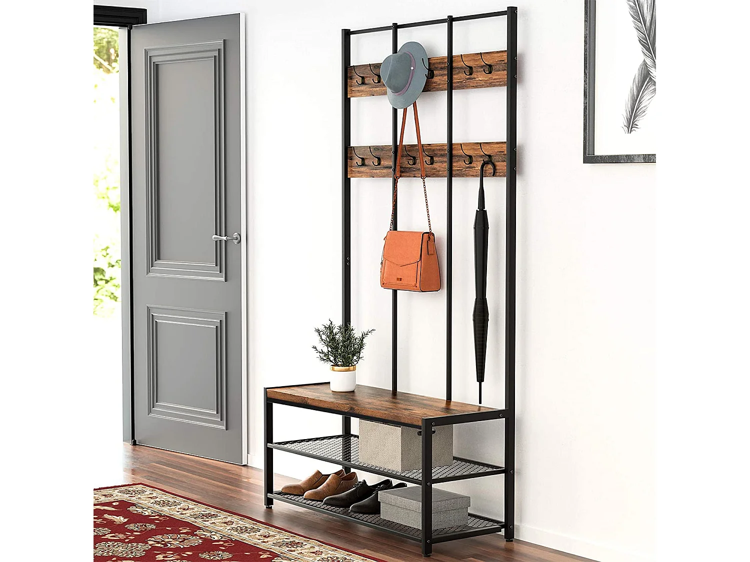 Kapstok met zitbank en schoenenplanken, rustieke bruin/zwart, 100x40x186 cm