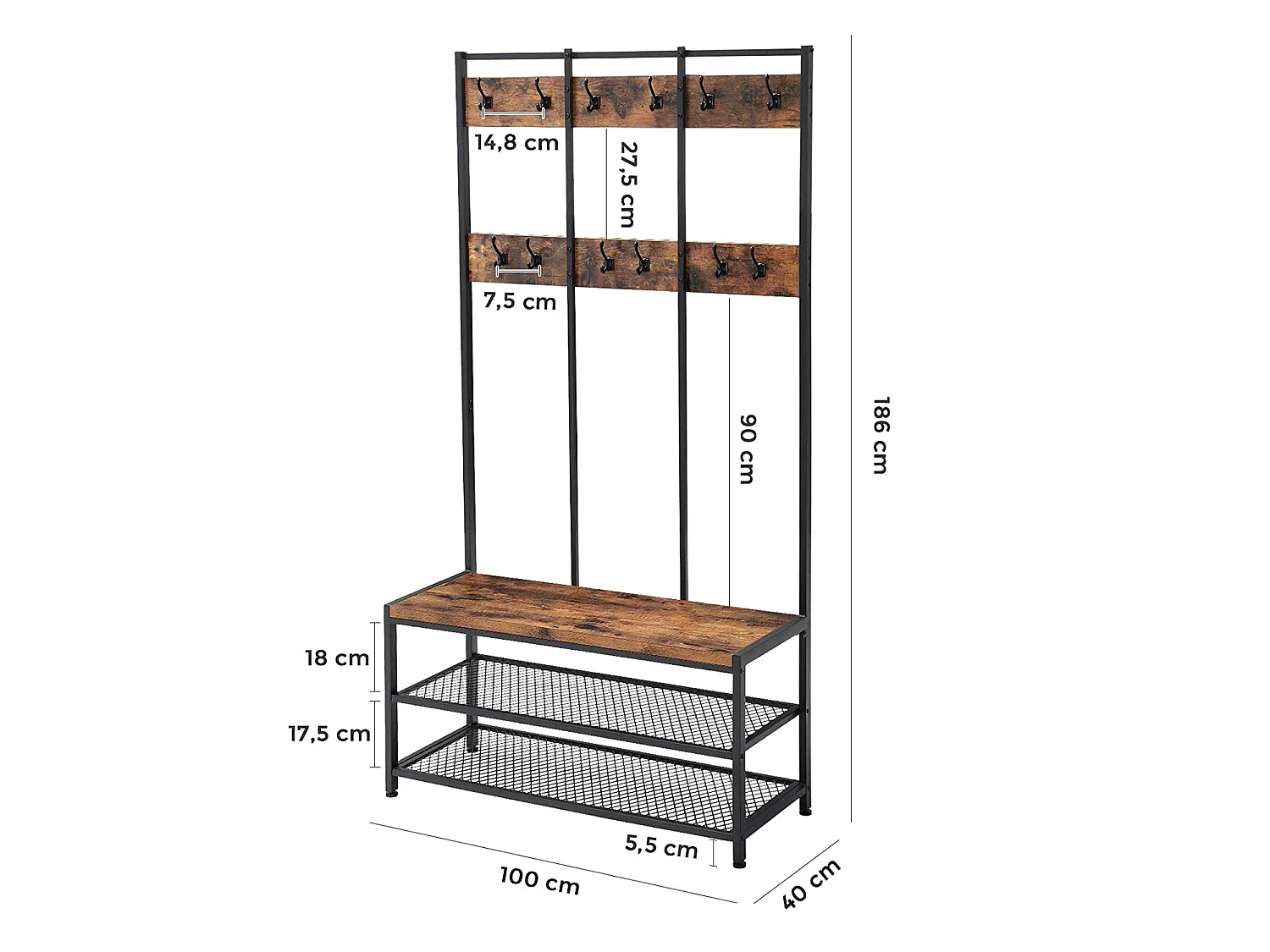 Kapstok met zitbank en schoenenplanken, rustieke bruin/zwart, 100x40x186 cm