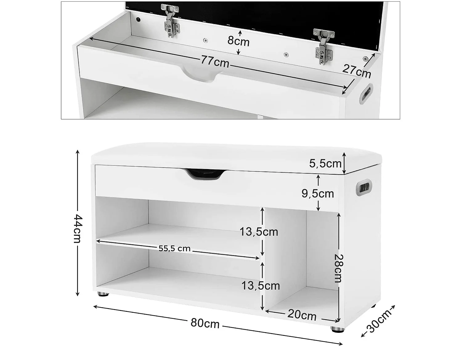 Meuble à chaussures avec assise en panneau de particules blanc 80x30x44 cm LHS30W