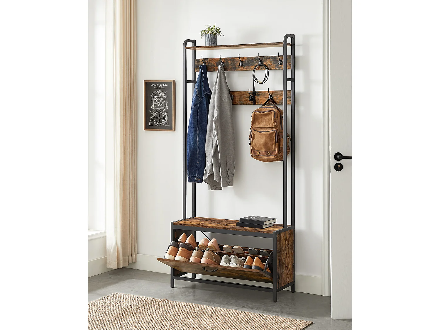 Kleiderständer mit 9 Haken Metall braun schwarz 85x30x180 cm