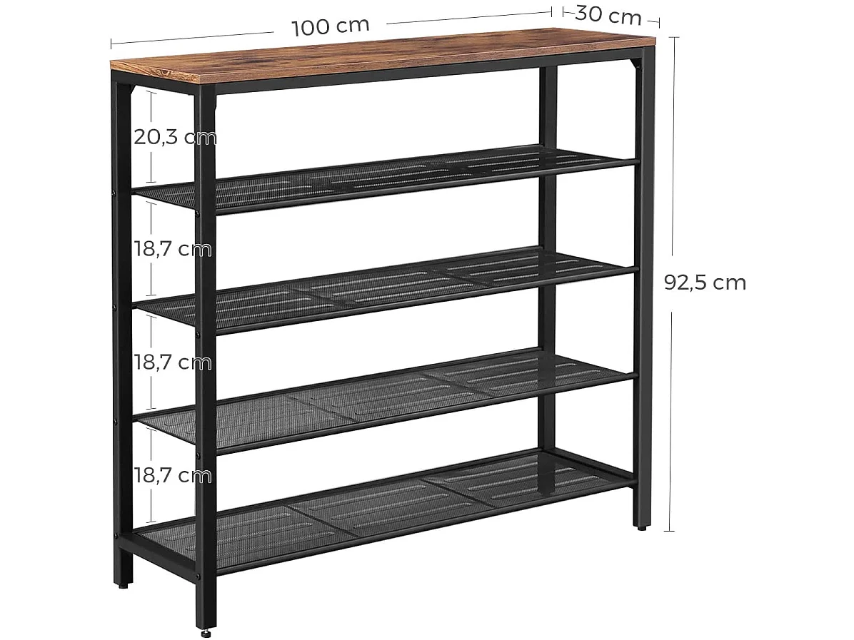 Étagère à chaussures industrielle en fer brun rustique noir 100x30x92,5 cm LBS15BX