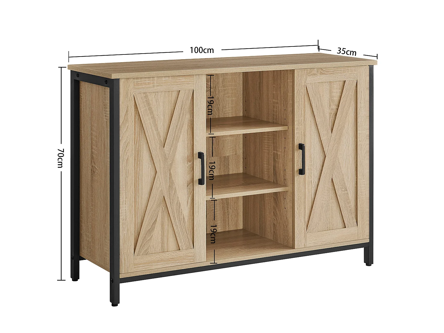 Buffet TV avec étagères réglables en panneaux de particules et acier sonoma noir 100x35x70 cm