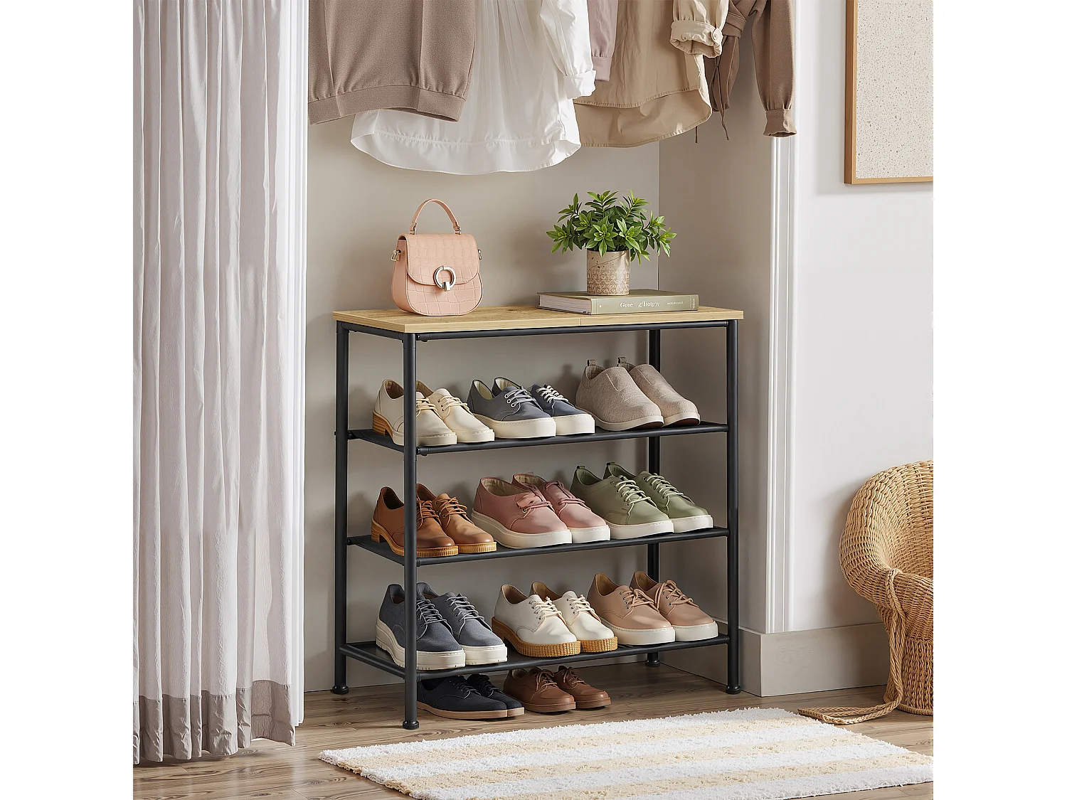 Meuble à chaussures loft en panneau de particules acier polyester noir 75x30x71 cm