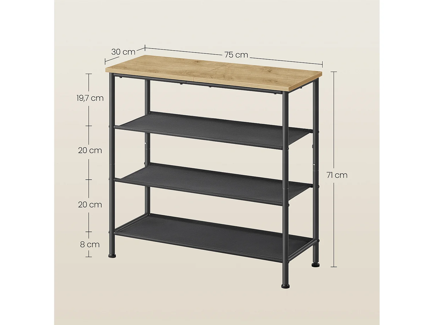 Meuble à chaussures loft en panneau de particules acier polyester noir 75x30x71 cm