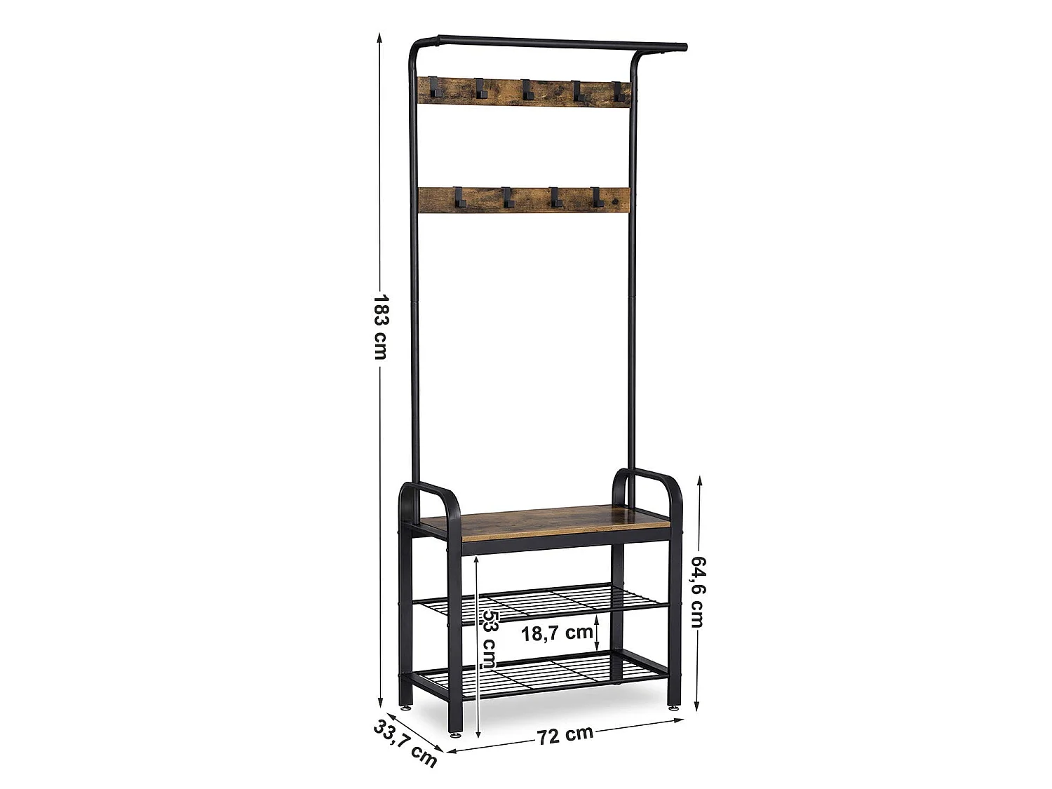 Kapstok met zitbank en schoenenplanken, metaal, rustiek bruin/zwart, 72x33,7x183 cm