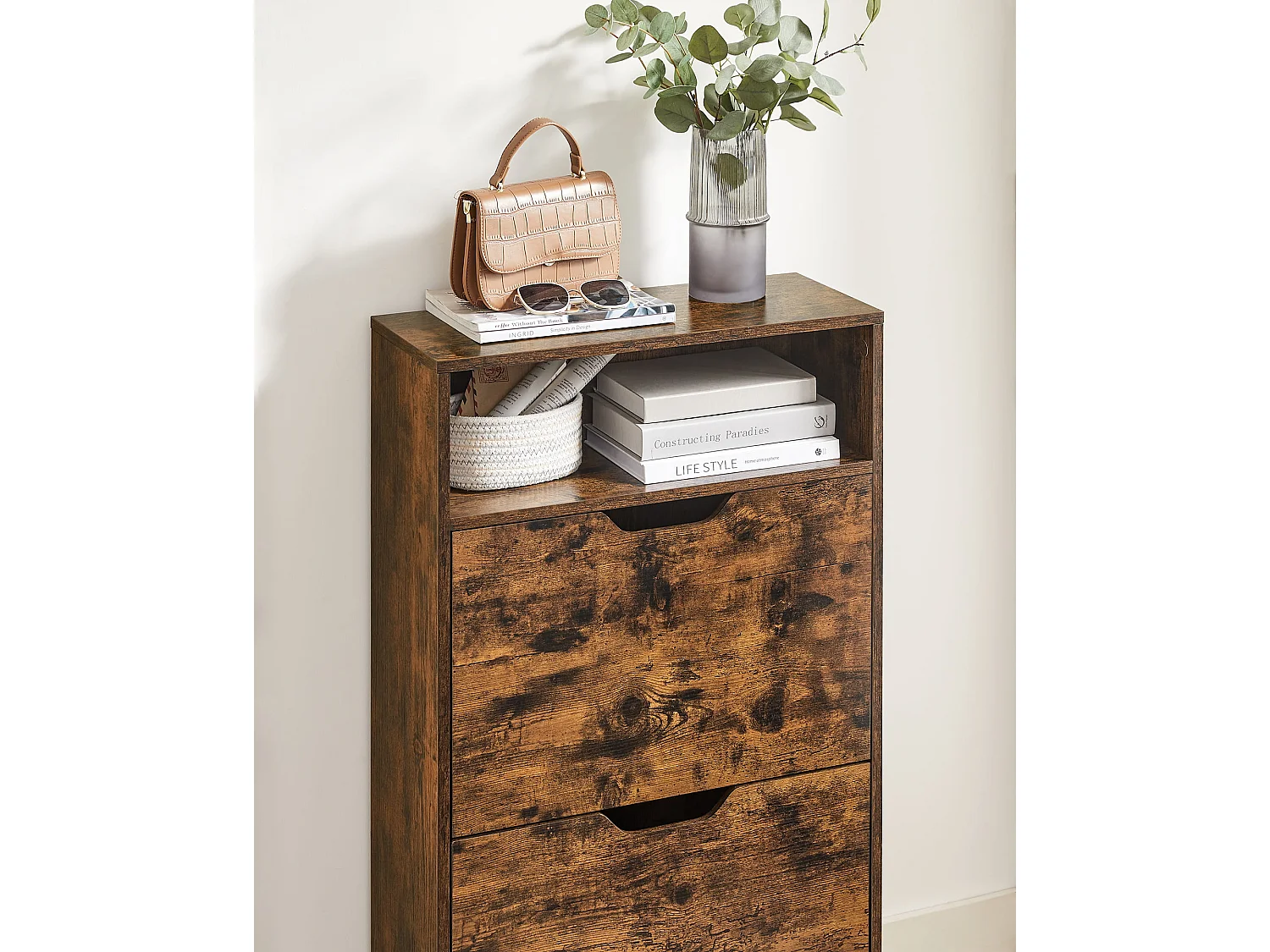 Meuble à chaussures de rangement rustique en panneau de particules brun rustique 60x24x102 cm