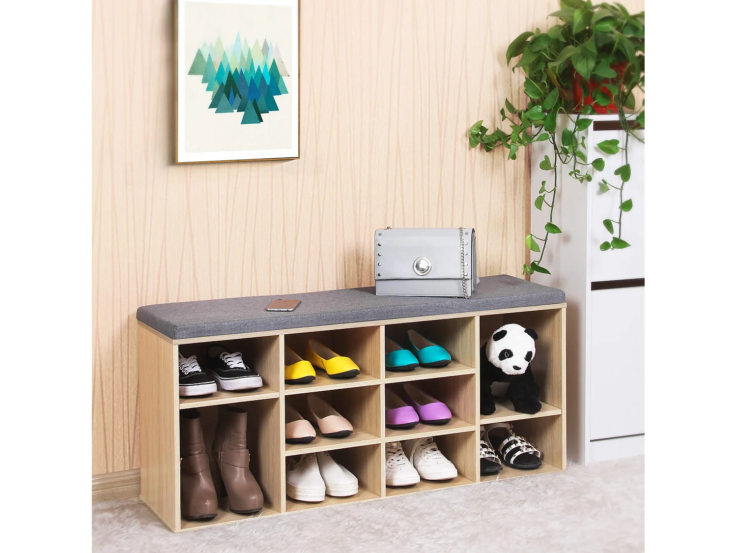 Meuble à chaussures avec assise en panneau de particules couleur chêne 104x30x48 cm