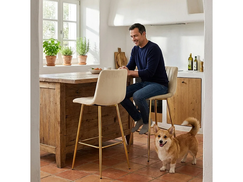 Barhocker POZZA mit Rückenlehne Samt beige gold 2er-Set 102x43x49 cm