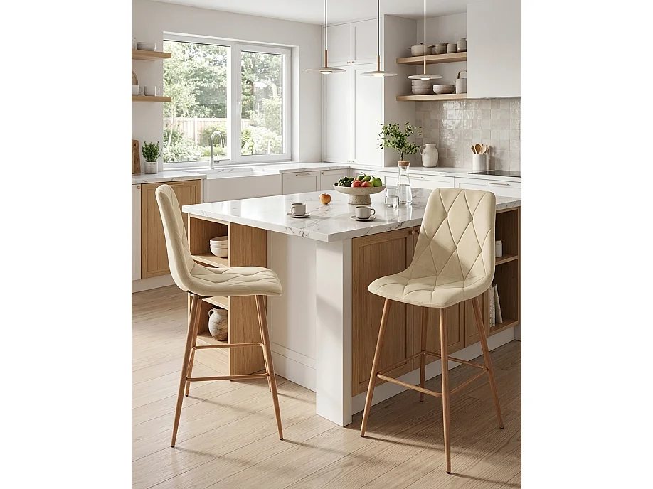 Tabouret de bar LIBRA en velours beige clair, pieds chêne, 112 cm