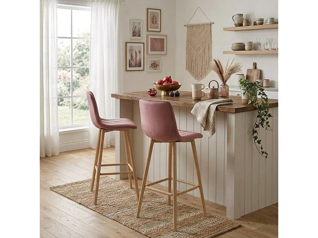 Tabouret de bar POZZA en velours rose foncé, pieds chêne, 2 pcs 102x43x49 cm