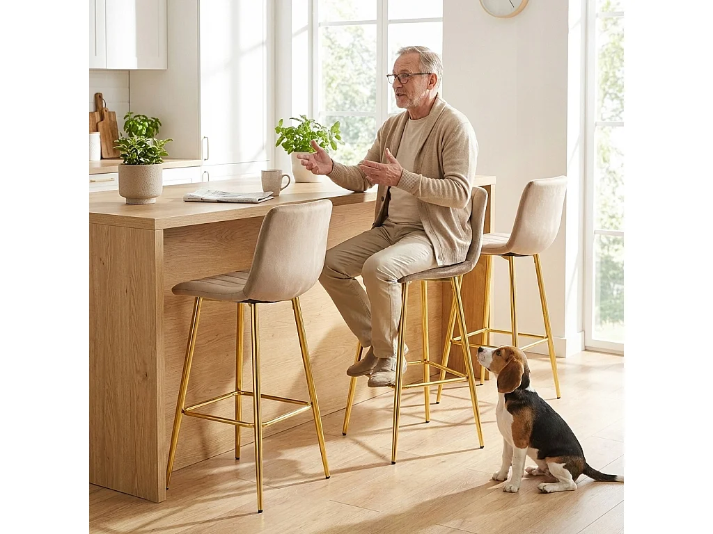Barhocker POZZA mit Rückenlehne Samt braun goldene Beine 4er-Set 102x43x49 cm