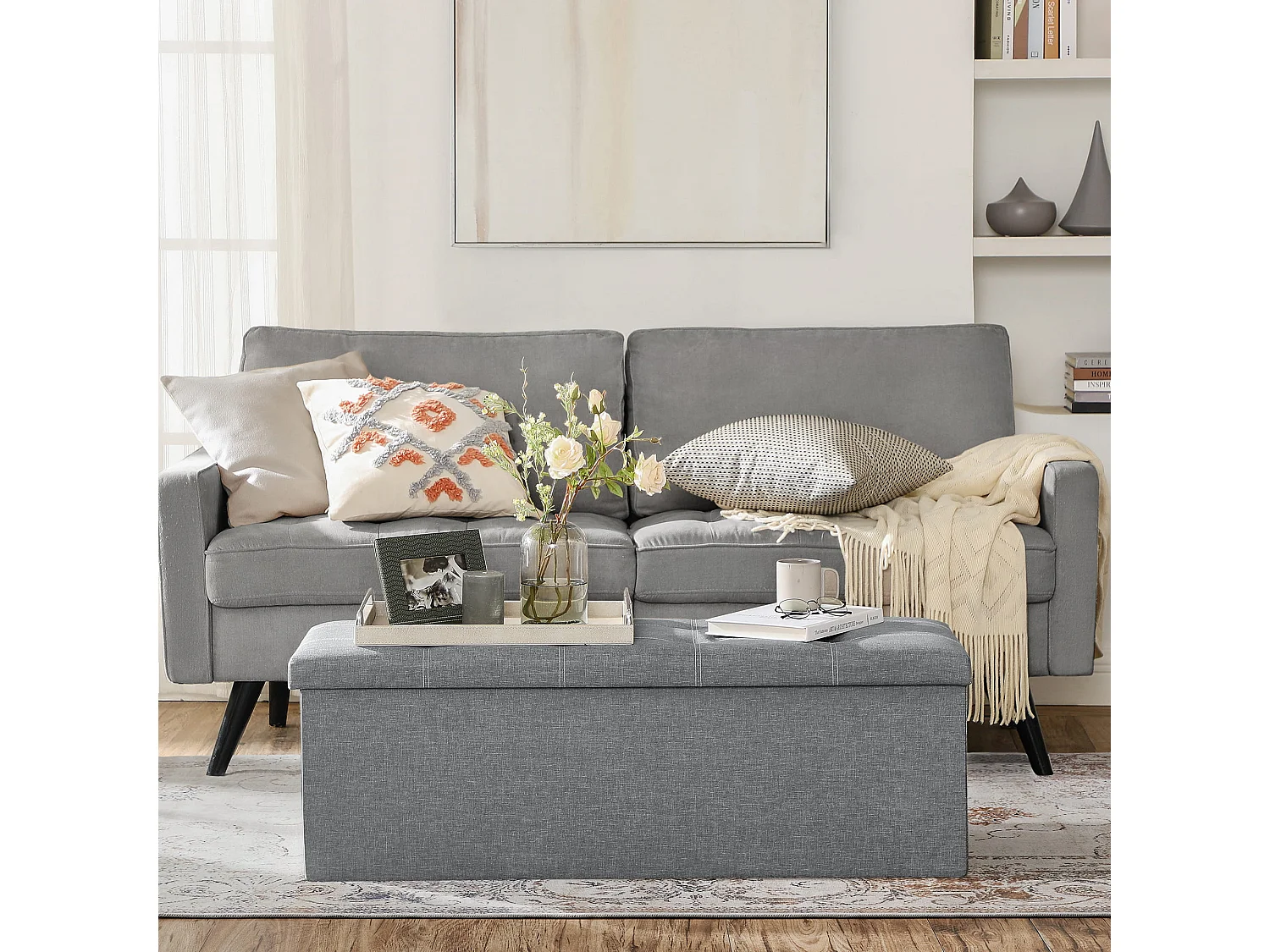 Pouf de rangement fonctionnel MDF gris clair 110x38x38 cm LSF077G05V1