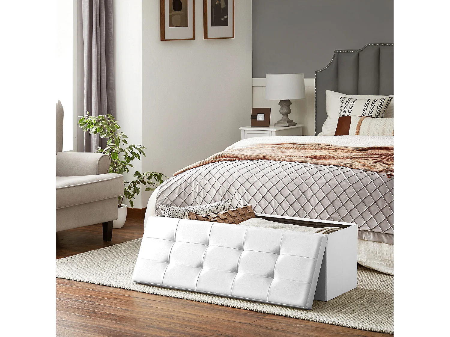Pouf de rangement coffre MDF blanc 110x38x38 cm LSF75WT