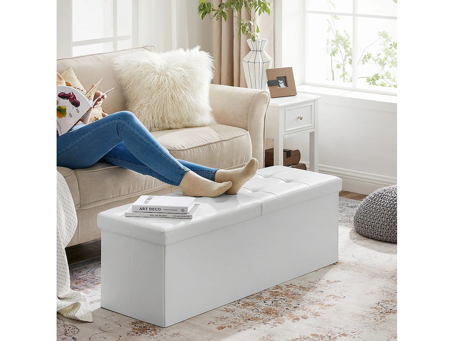 Pouf de rangement coffre MDF blanc 110x38x38 cm LSF75WT
