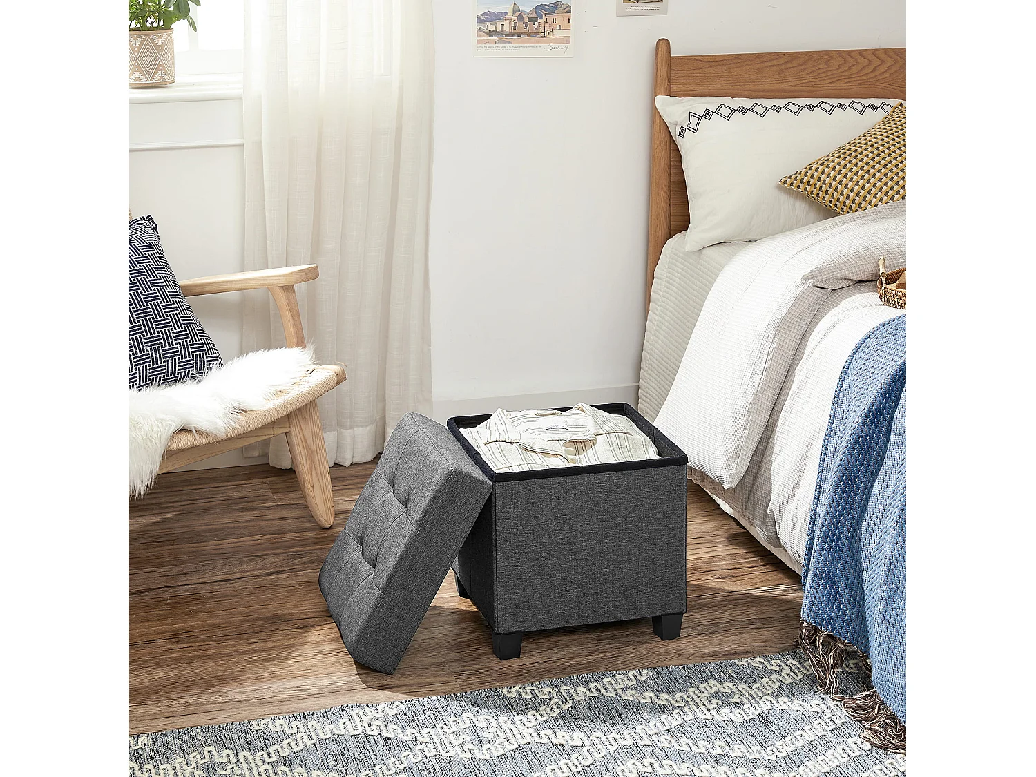 Pouf de rangement fonctionnel MDF gris clair 38x38x40 cm