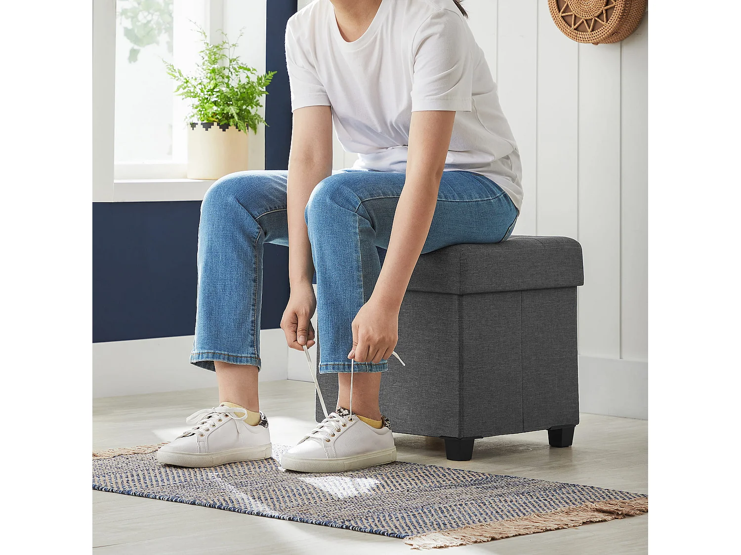 Pouf de rangement fonctionnel MDF gris clair 38x38x40 cm
