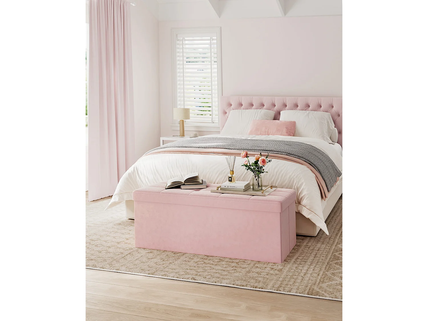 Pouf de rangement en velours rose pastel 110x38x38 cm