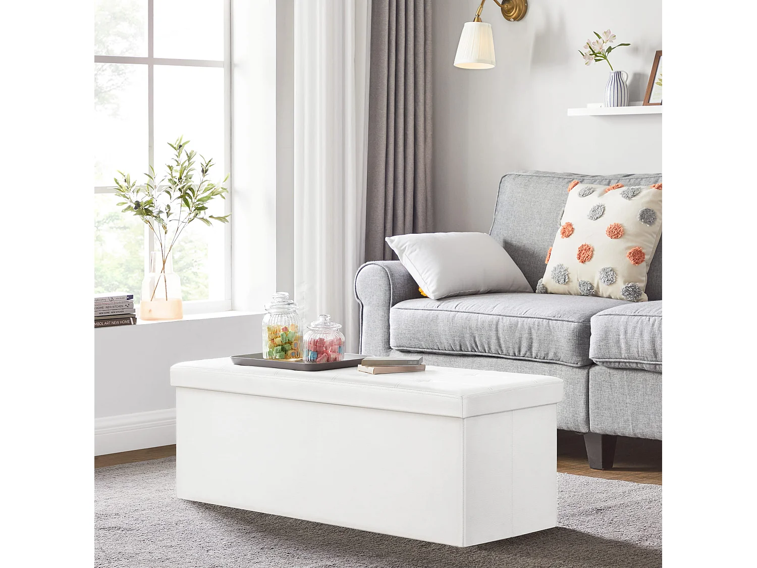 Pouf de rangement pliable en MDF blanc 110x38x38 cm LSF702V1