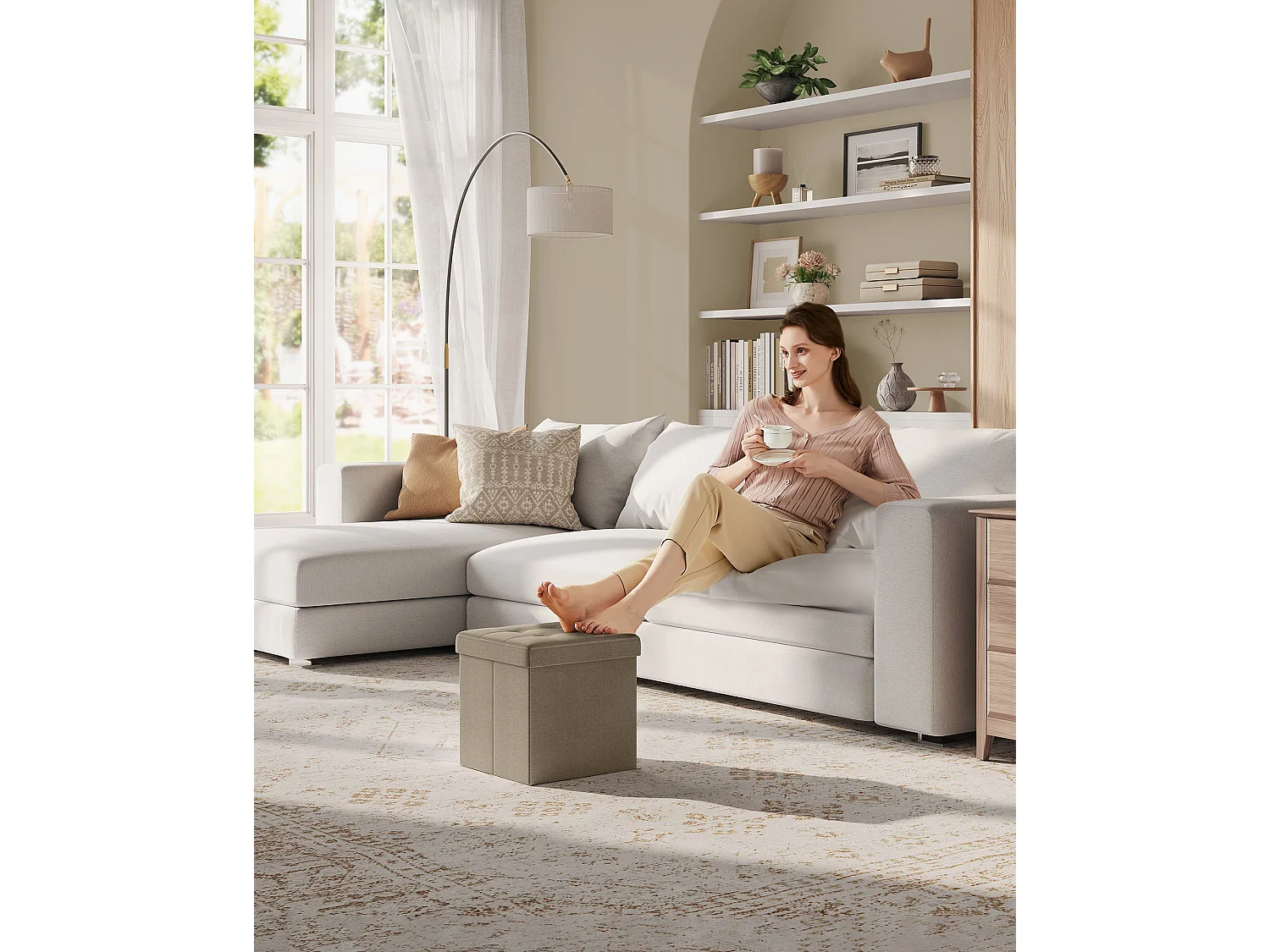 Pouf de rangement pliable en MDF beige 30x30x30 cm LSF028K01
