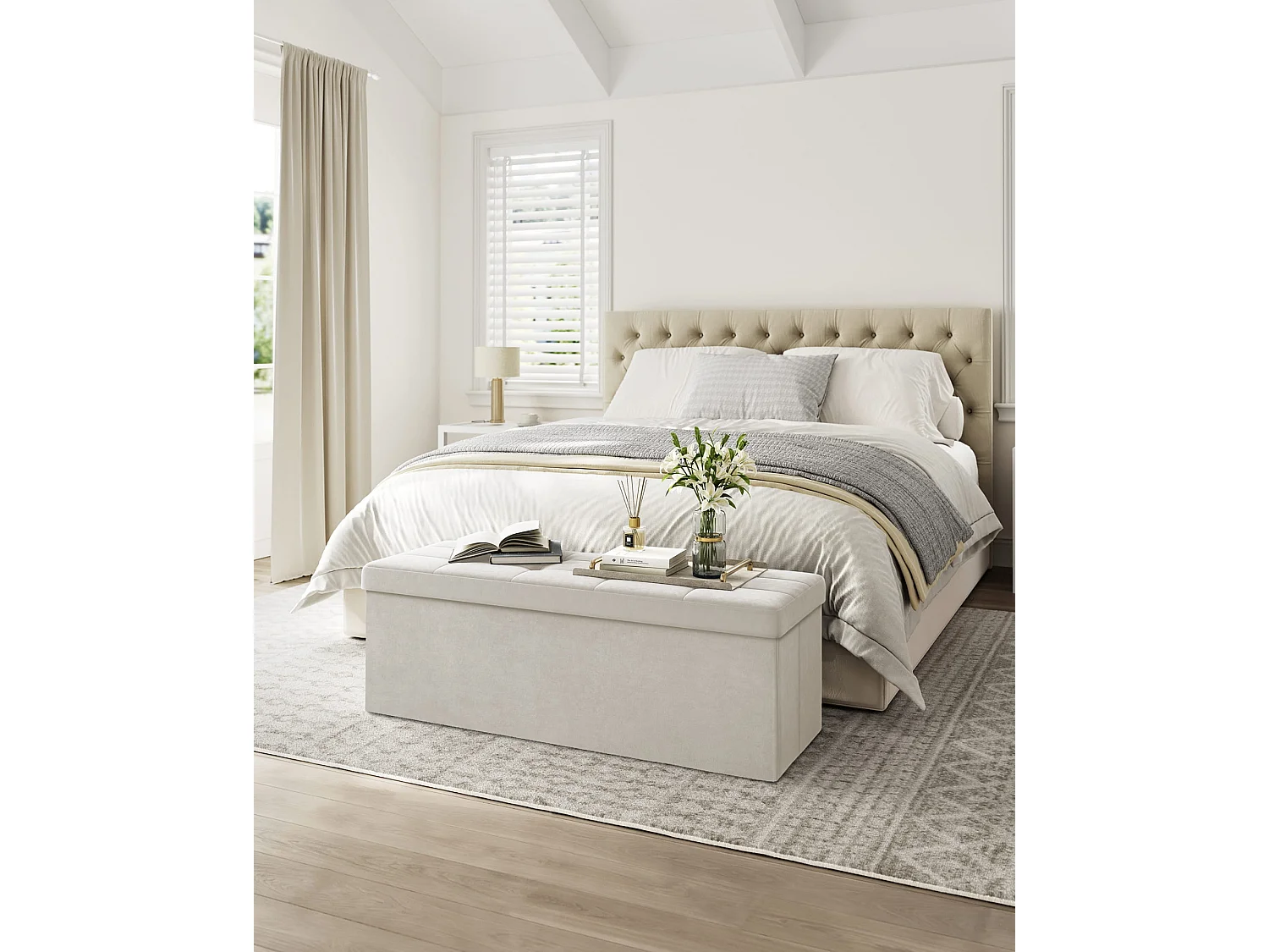 Pouf de rangement en velours MDF crème 110x38x38 cm LSF277W01