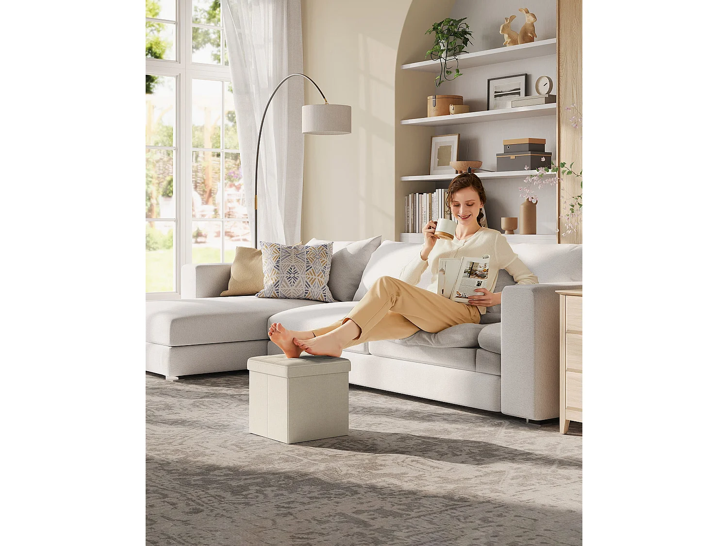 Pouf de rangement multifonction en MDF beige crème 30x30x30 cm LSF028W01