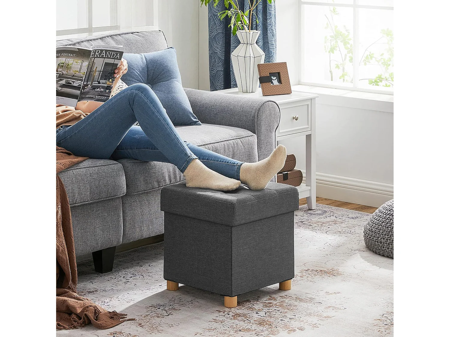 Pouf de rangement pliant avec coffre MDF gris foncé 38x38x40 cm