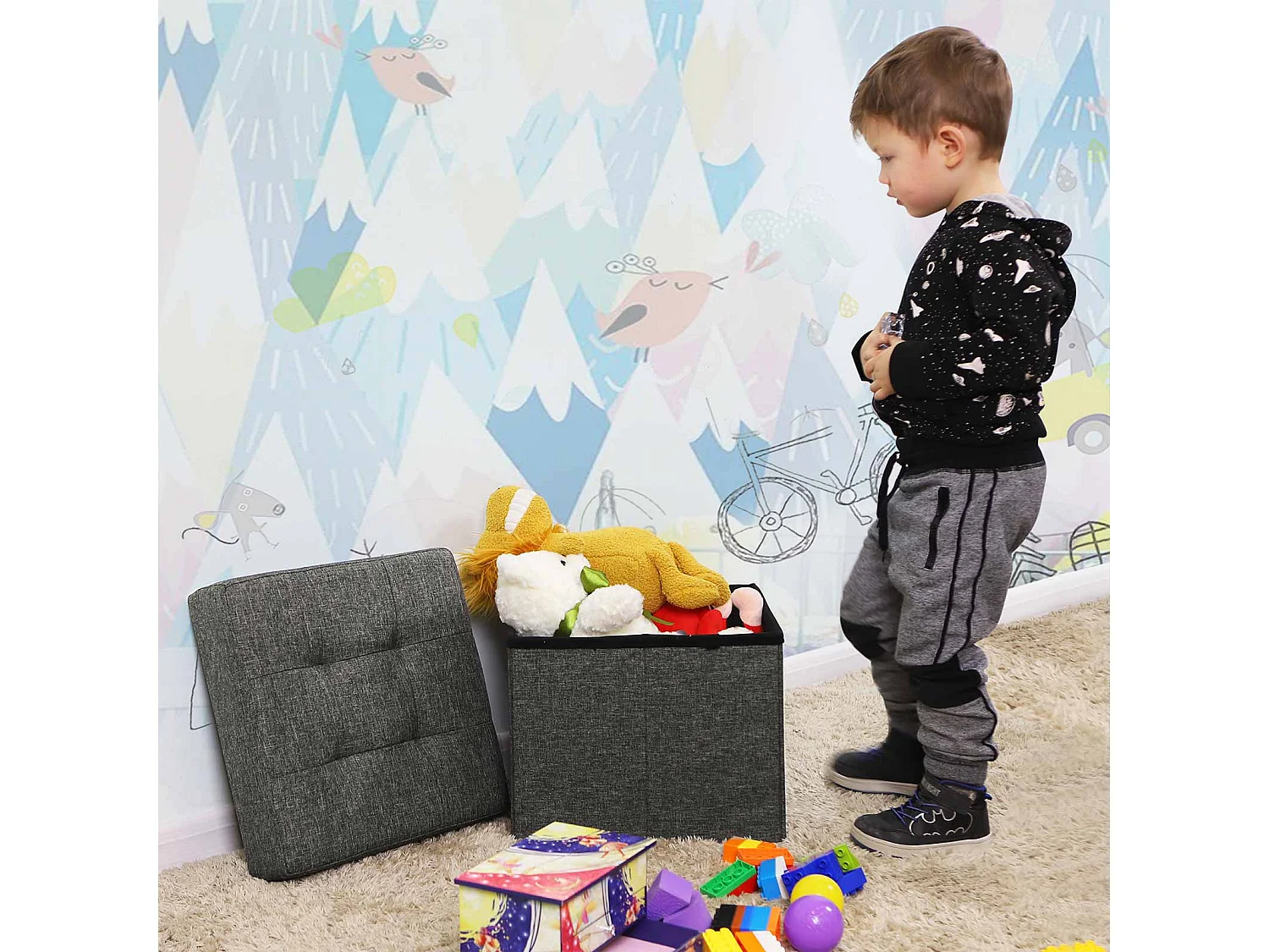 Pouf de rangement pliant avec coffre MDF gris foncé 38x38x40 cm