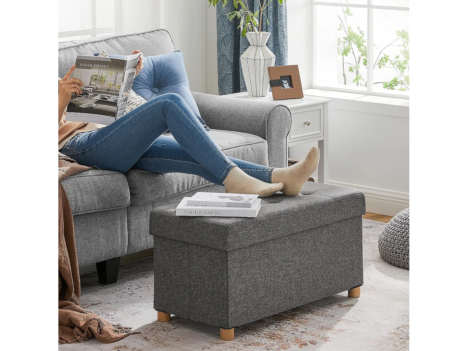Pouf de rangement pliable avec coffre MDF gris foncé 76x38x40 cm
