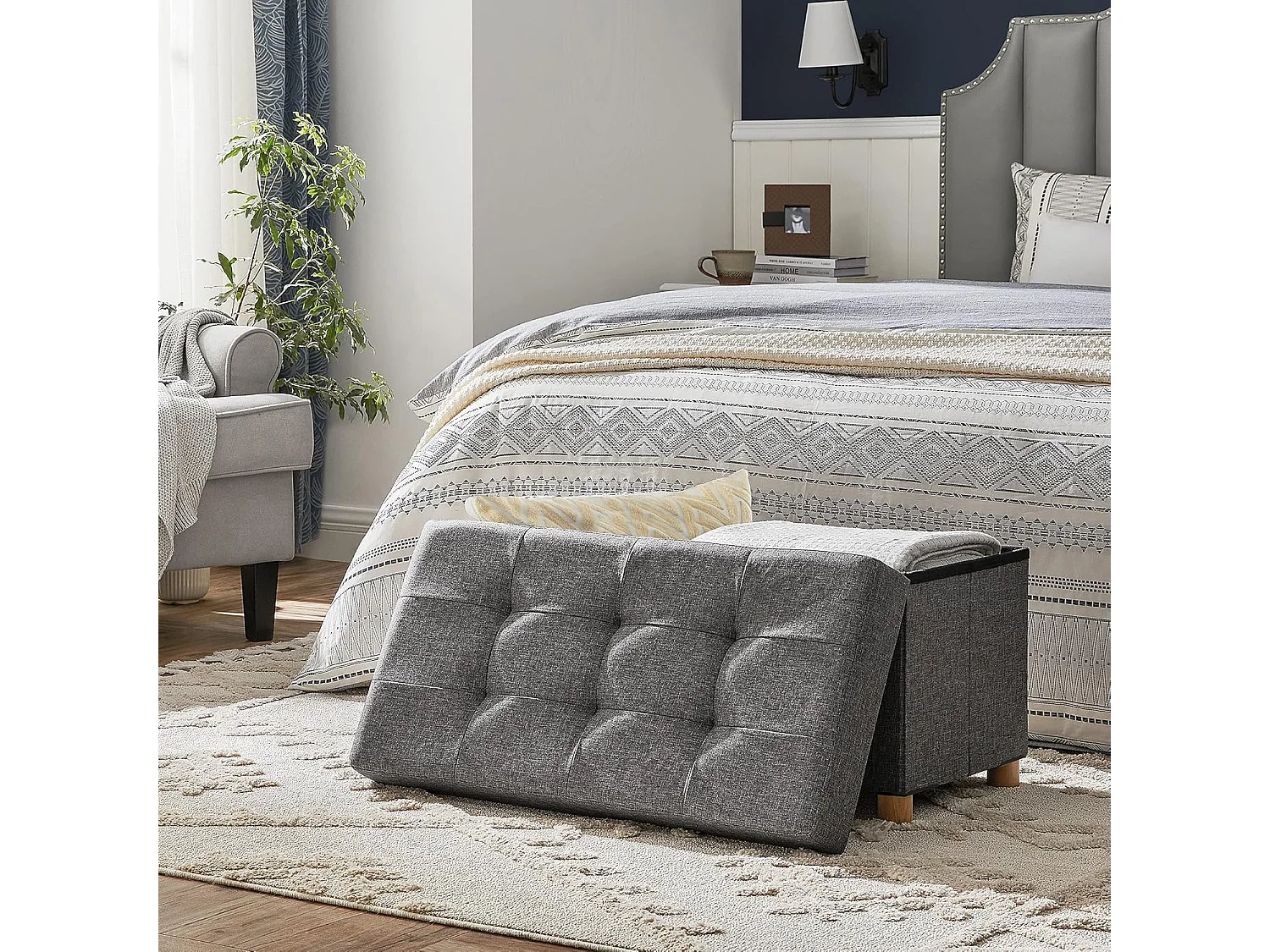 Pouf de rangement pliable avec coffre MDF gris foncé 76x38x40 cm