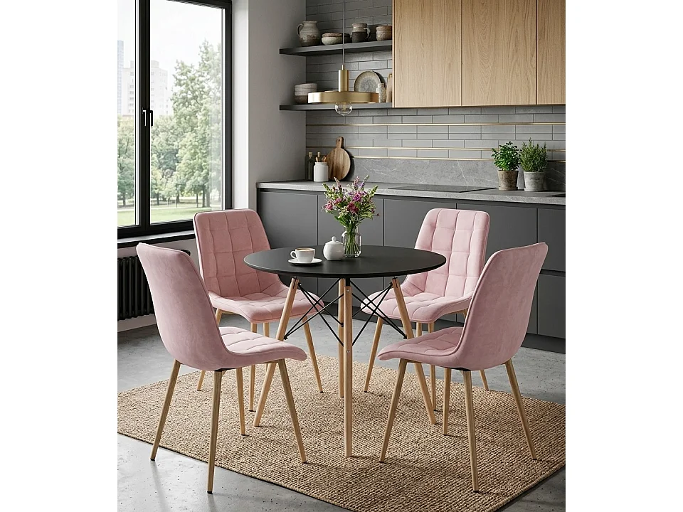 Chaise de salle à manger et cuisine en velours rose clair pieds chêne 88x49x60 cm