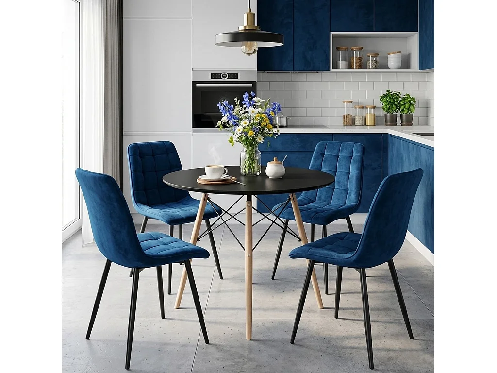 Chaise de salle à manger et cuisine SPLIT en velours bleu marine, pieds noirs 88x49x60 cm