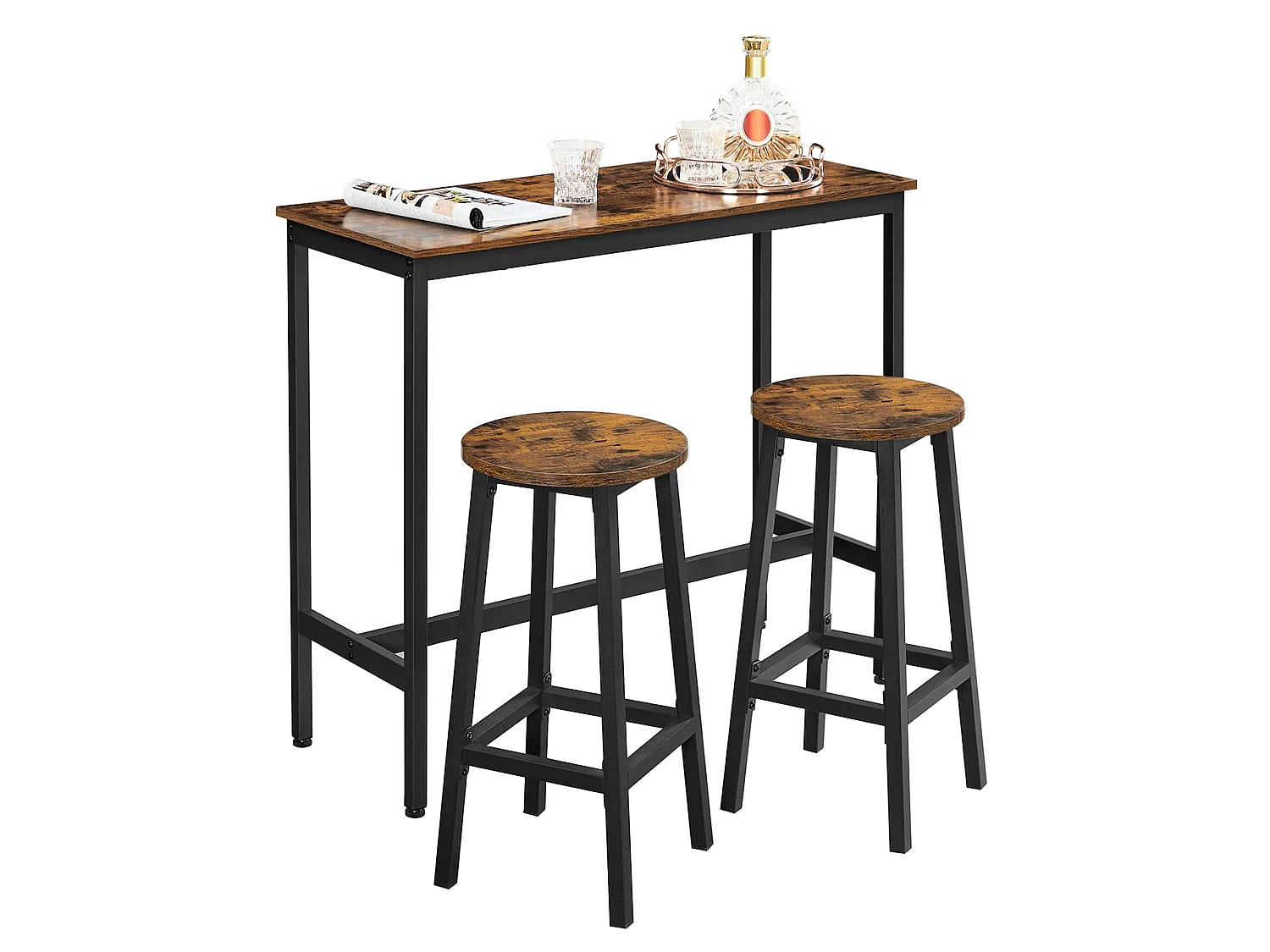 Table de bar avec 2 tabourets en métal noir 90 cm