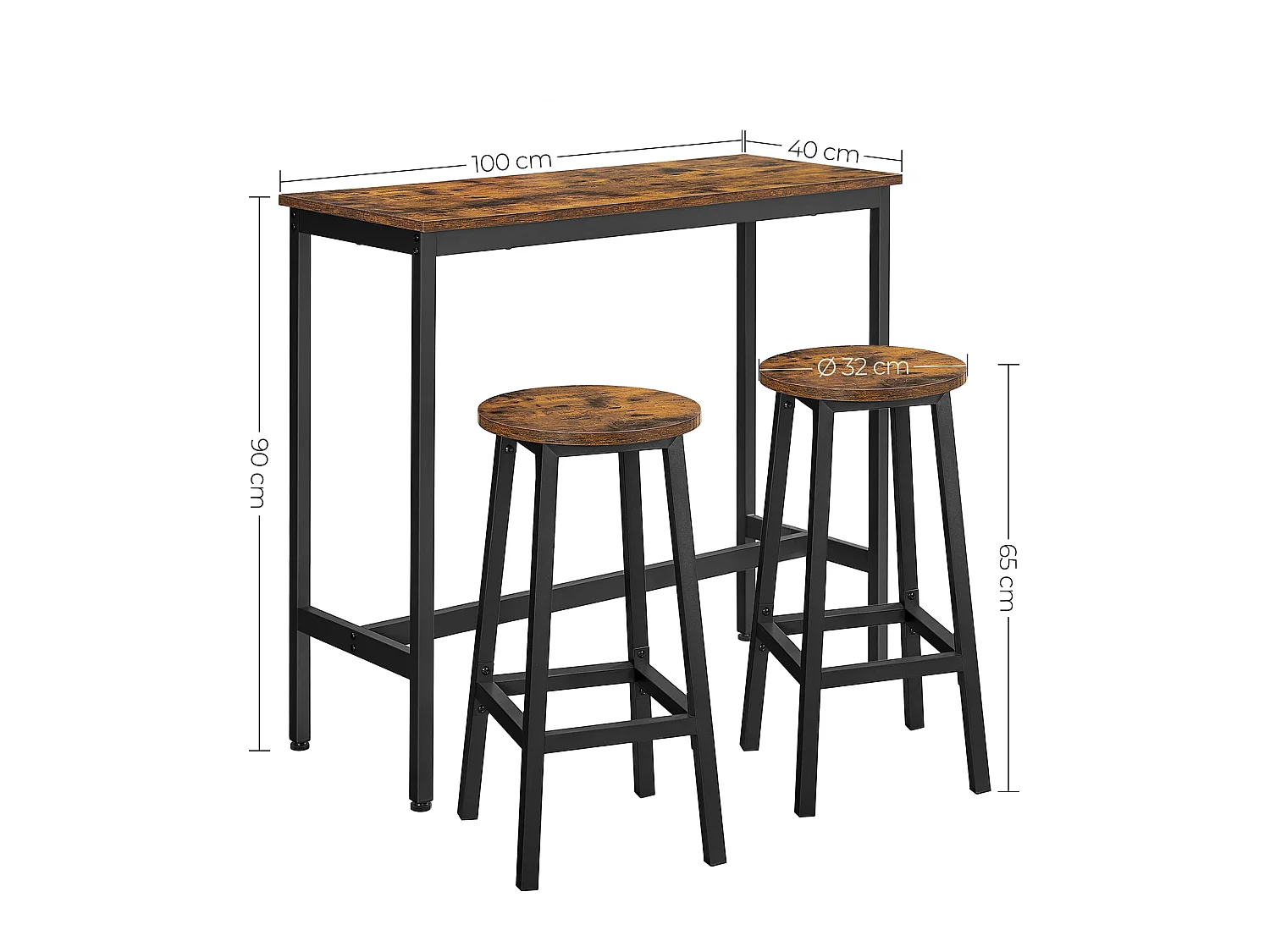 Table de bar avec 2 tabourets en métal noir 90 cm