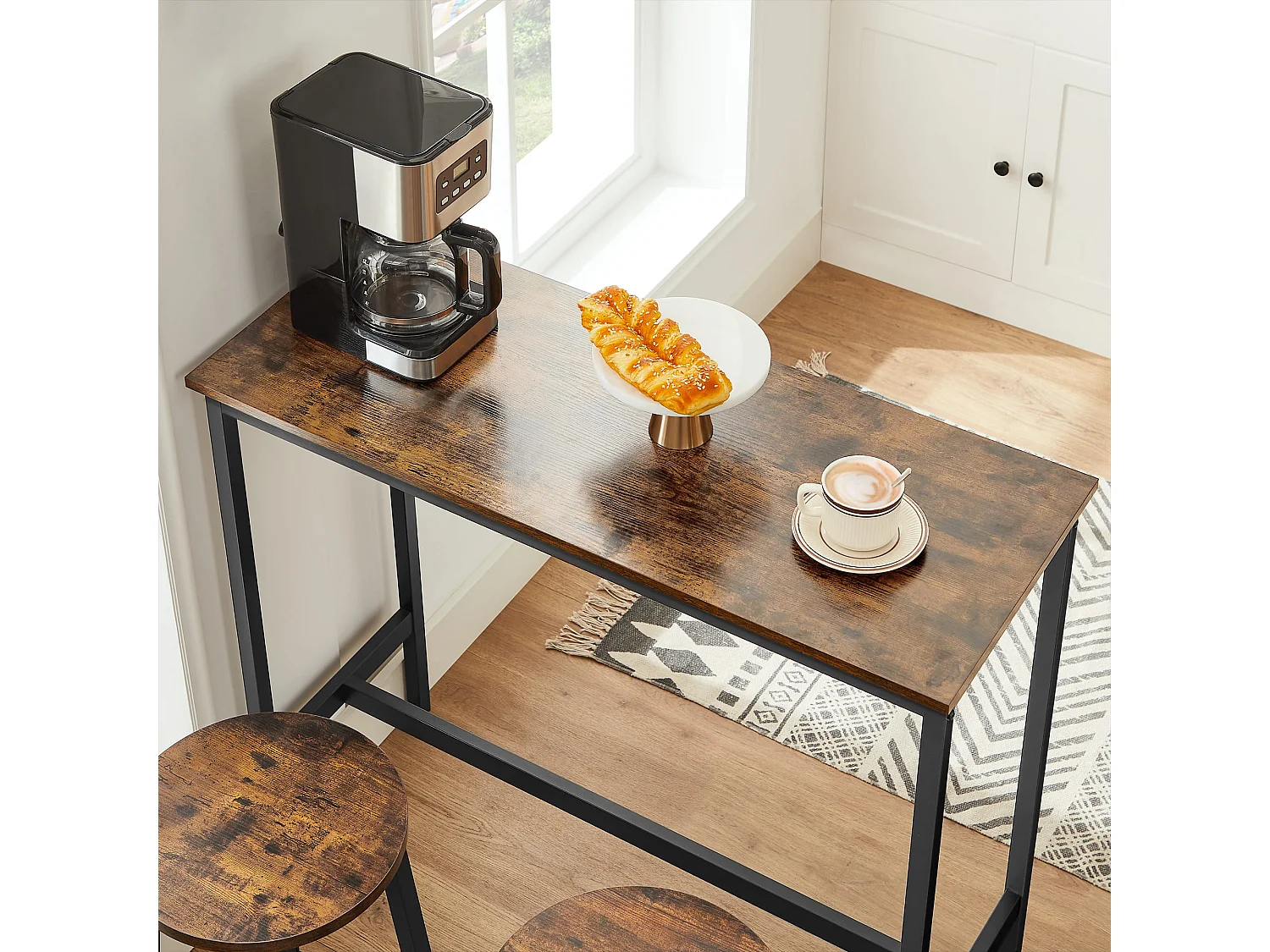 Table de bar avec 2 tabourets en métal noir 90 cm