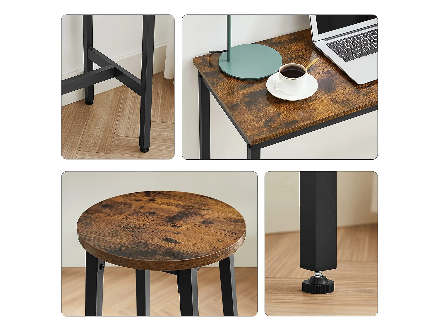 Table de bar avec 2 tabourets en métal noir 90 cm