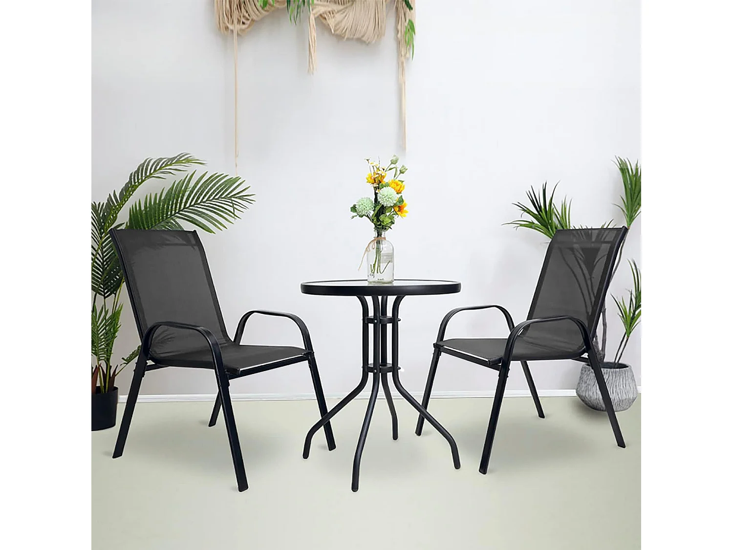 Table ronde Island 60 cm + 2 chaises Sofia gris foncé, verre trempé, 60 cm