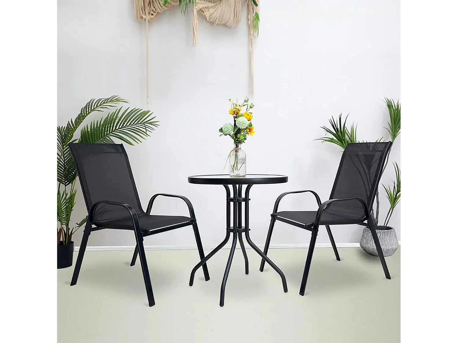 Table ronde Island 60 cm + 2 chaises Sofia en textilène noir pour salle à manger cuisine