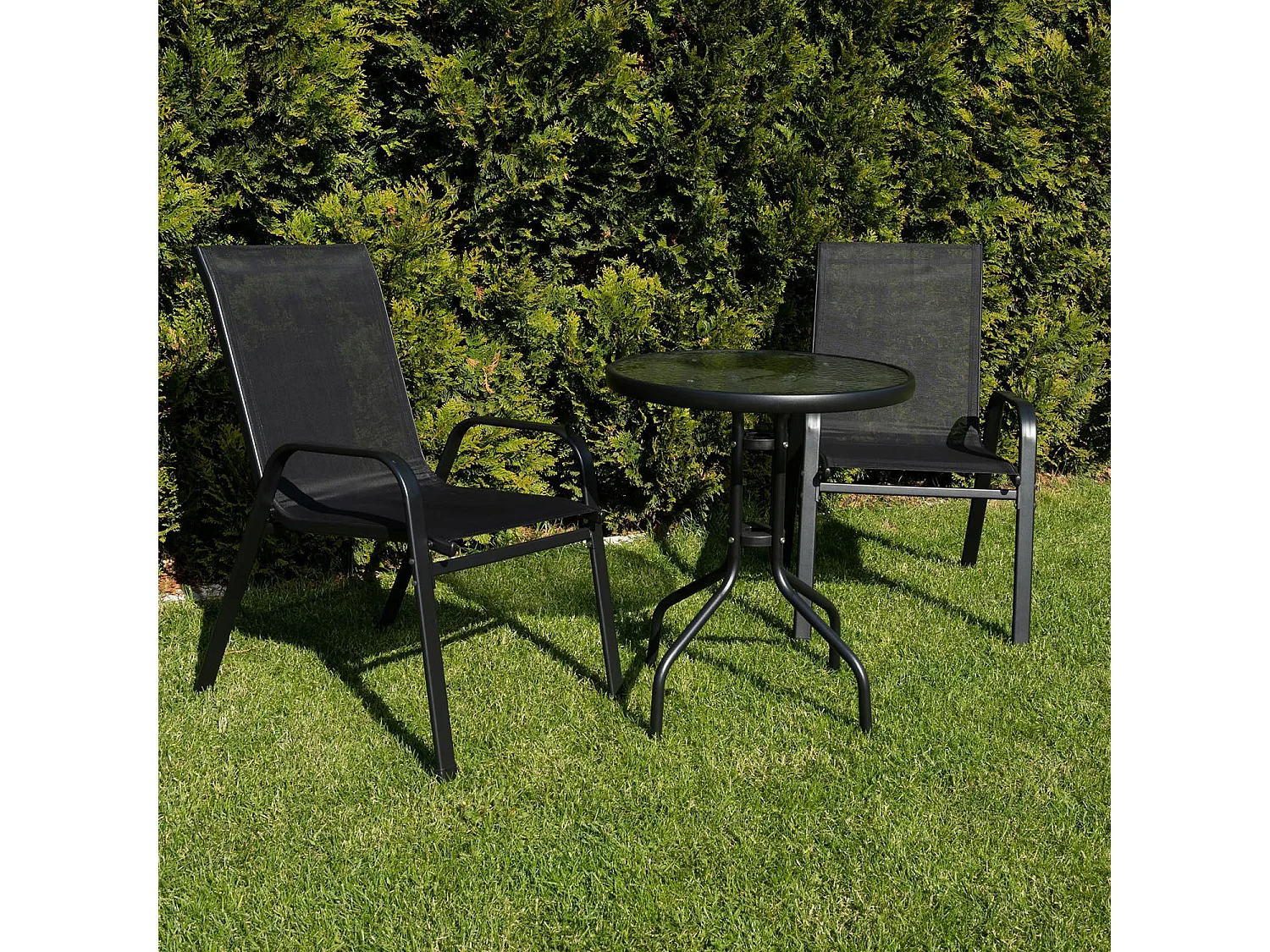 Table ronde Island 60 cm + 2 chaises Sofia en textilène noir pour salle à manger cuisine