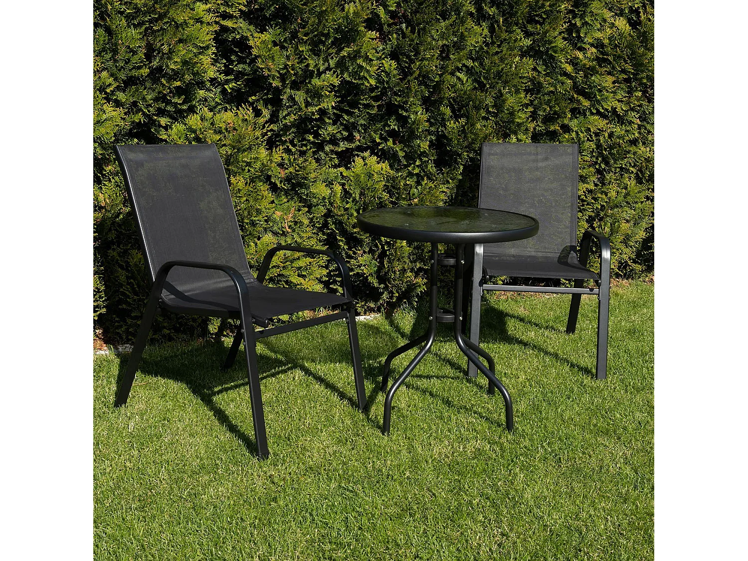 Table ronde Island en verre trempé noir 60 cm + 4 chaises Sofia gris foncé