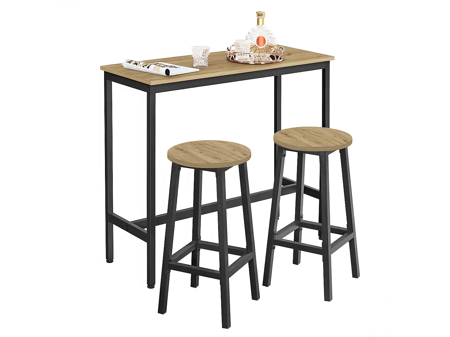Table de bar + 2 tabourets artisan en bois et acier noir 100x40x90 cm