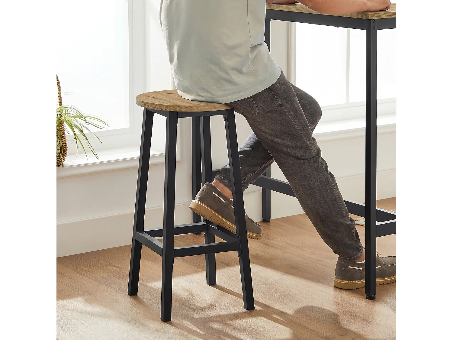 Table de bar + 2 tabourets artisan en bois et acier noir 100x40x90 cm