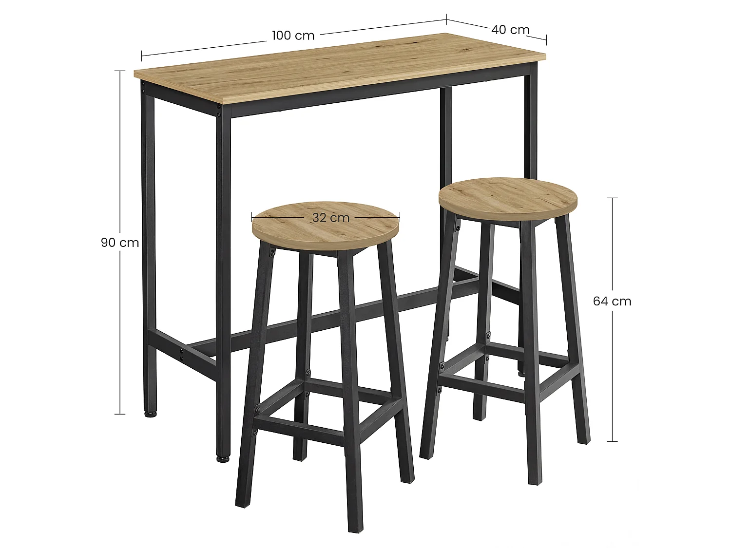 Table de bar + 2 tabourets artisan en bois et acier noir 100x40x90 cm