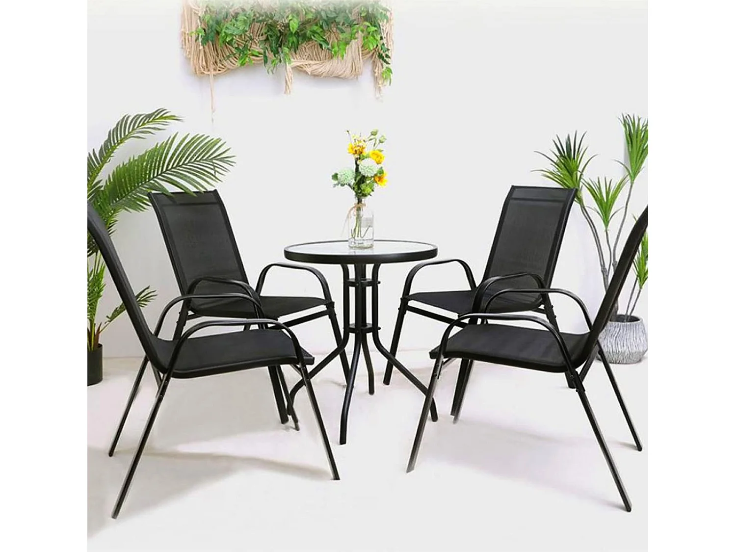 Ensemble table ronde Island 60 cm + 4 chaises Sofia noires textilène métal 60 cm