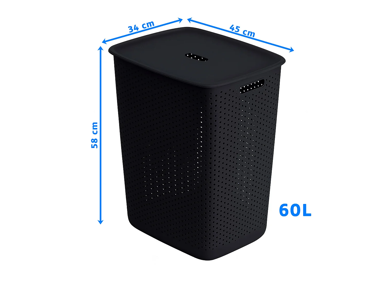 Panier à linge autoportant avec couvercle plastique noir 60 L 58x45x34 cm