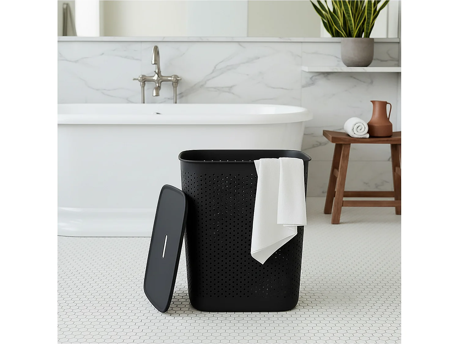 Panier à linge autoportant avec couvercle plastique noir 60 L 58x45x34 cm