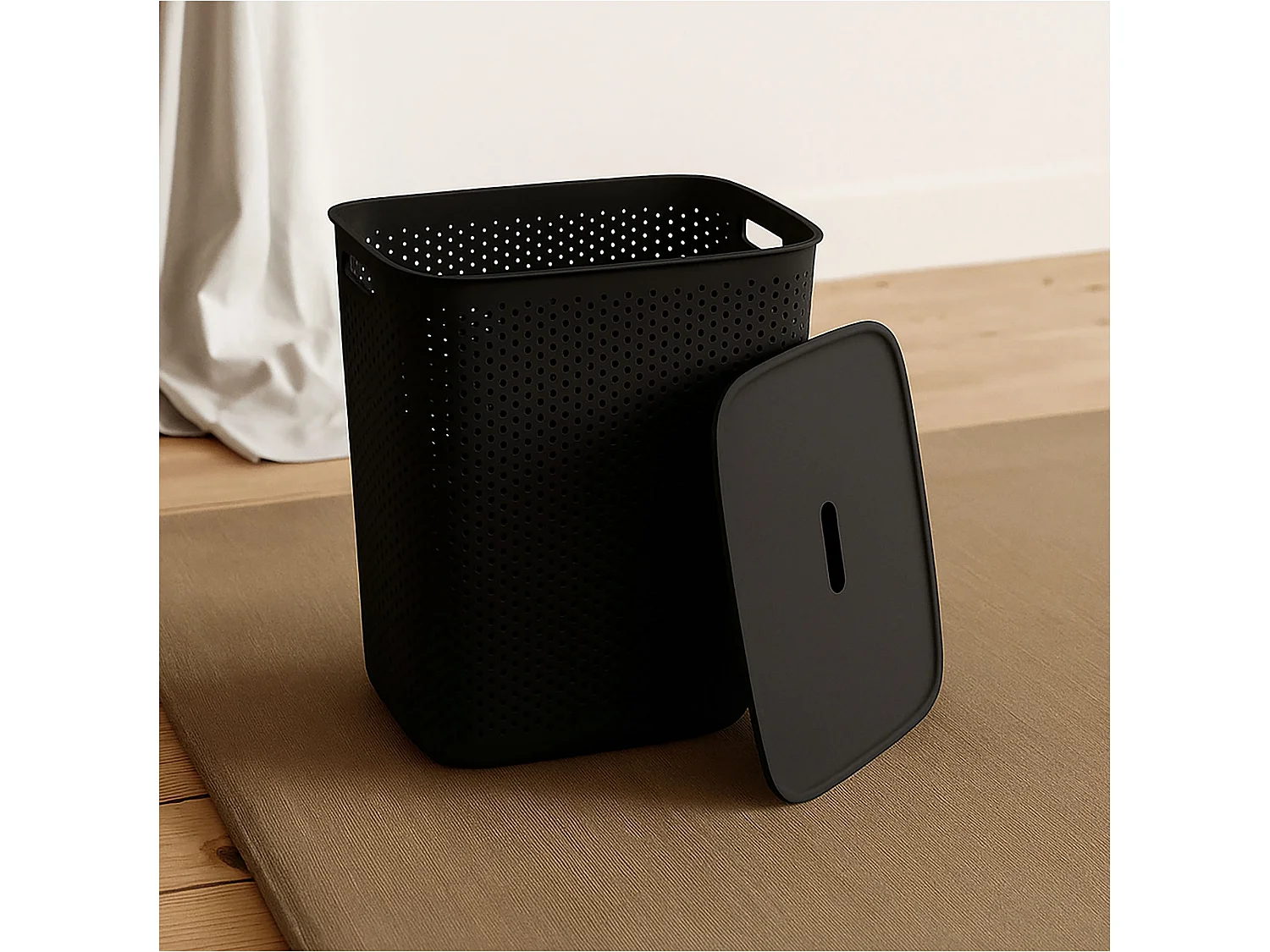 Panier à linge autoportant avec couvercle plastique noir 60 L 58x45x34 cm