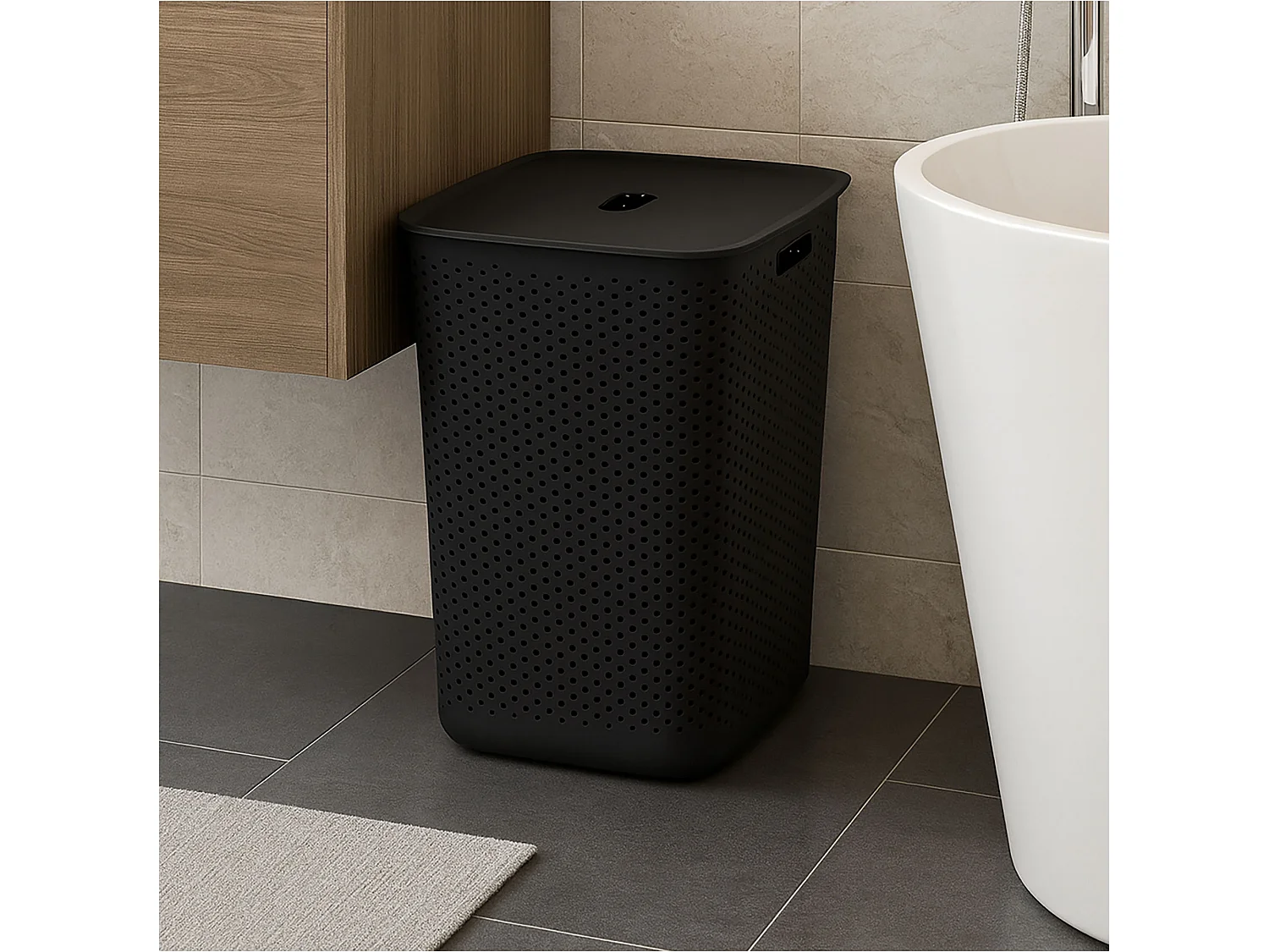 Panier à linge autoportant avec couvercle plastique noir 60 L 58x45x34 cm