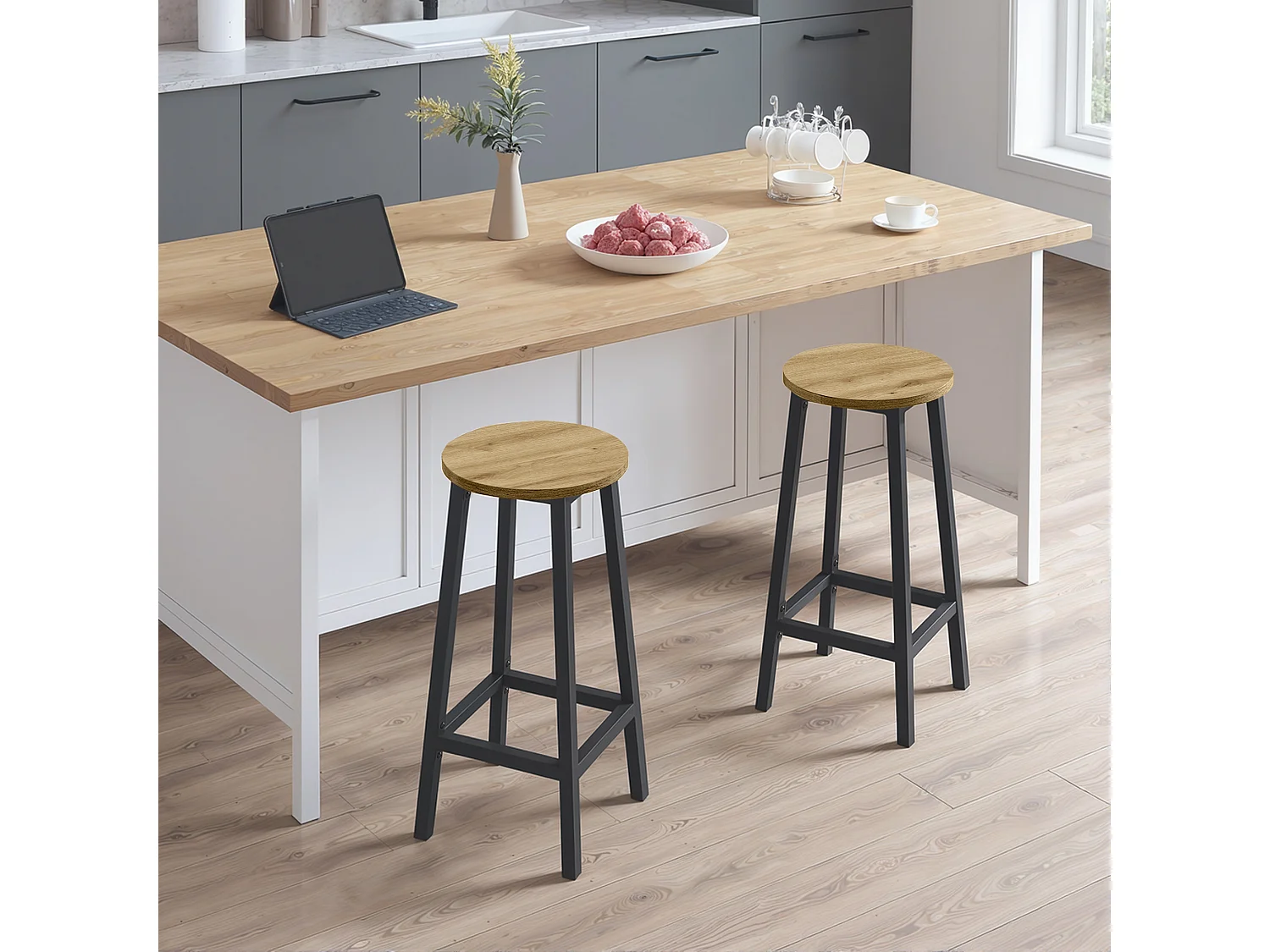 Tabouret de bar rond chêne artisan acier noir 32x65 cm