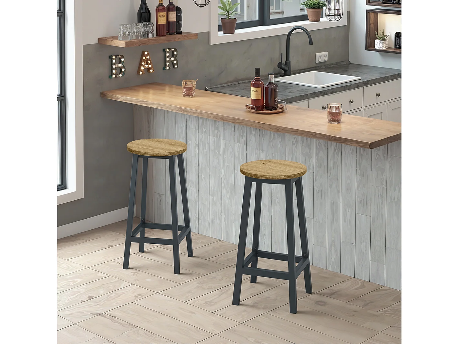 Tabouret de bar rond chêne artisan acier noir 32x65 cm
