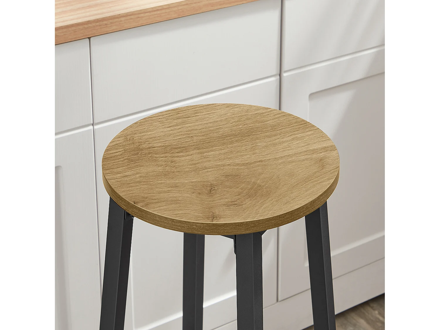 Tabouret de bar rond chêne artisan acier noir 32x65 cm